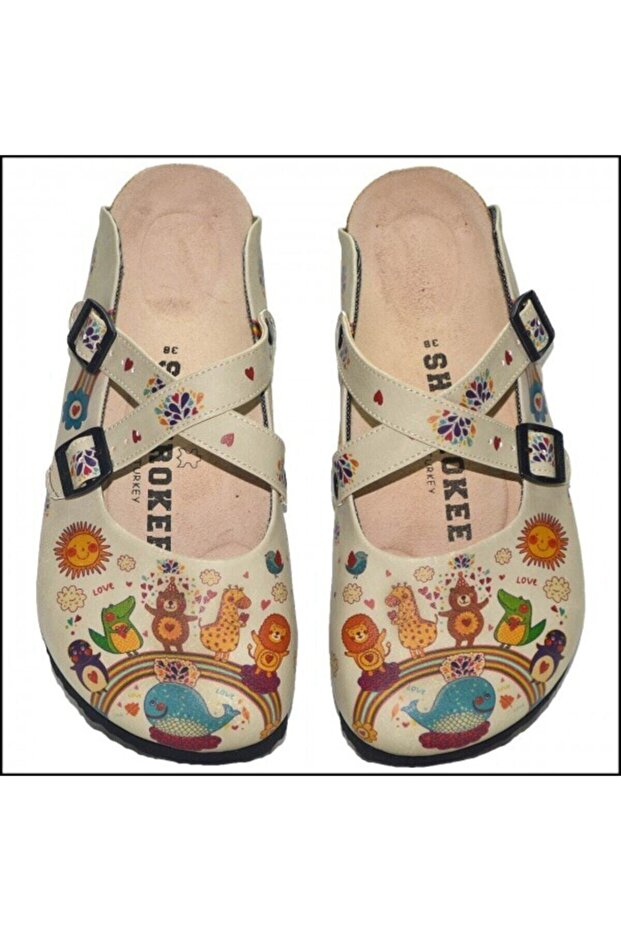 Women's Beige Patterned Slippers
