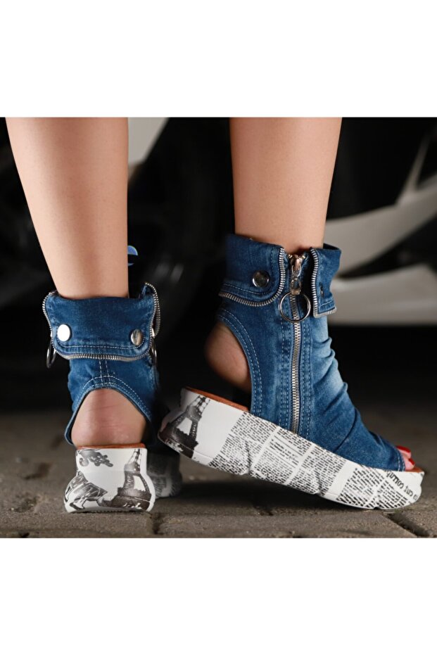 Kadın Mavi Kot Sandalet - 4