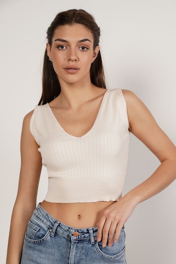 Kemık %100 Organik Pamuk Likralı Crop Triko Atlet Örme Bluz - 3