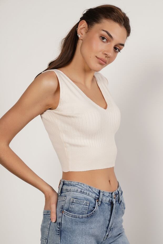 Kemık %100 Organik Pamuk Likralı Crop Triko Atlet Örme Bluz - 4