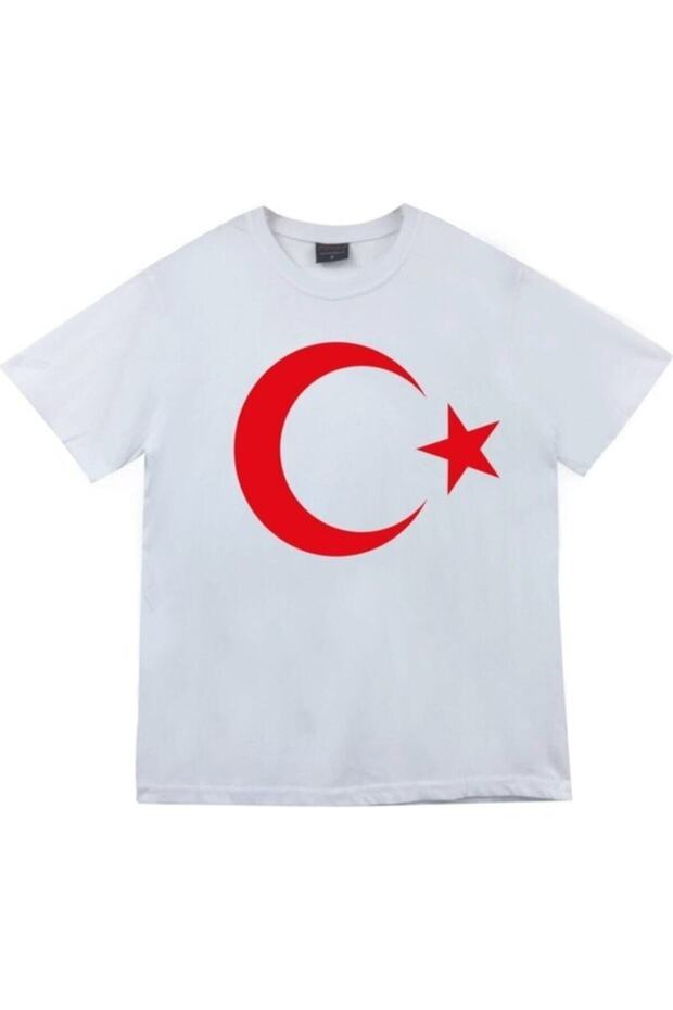 Unisex Kids White Crescent and Star Printed Printed T-Shirt