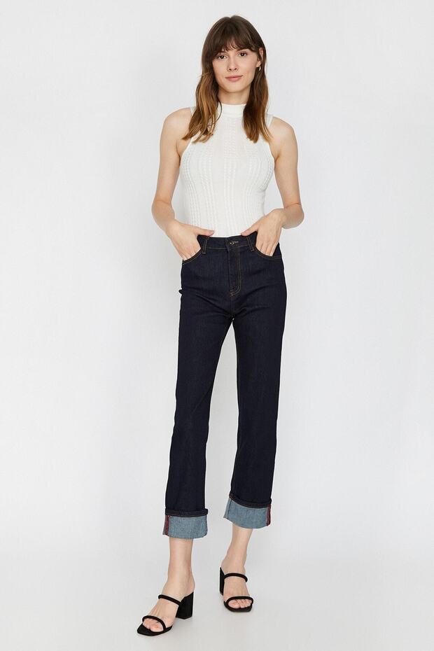 Kadın Mavi Normal Kesim Yüksek Bel Hafif Düz Paça Eve-Slim Jean Pantolon - 1
