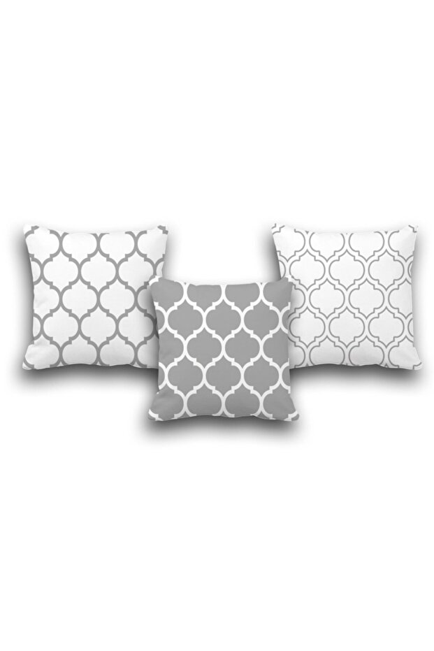 Double Sided Set of 3 Gray Ogee Pattern Digital Printed Throw Pillow Cover