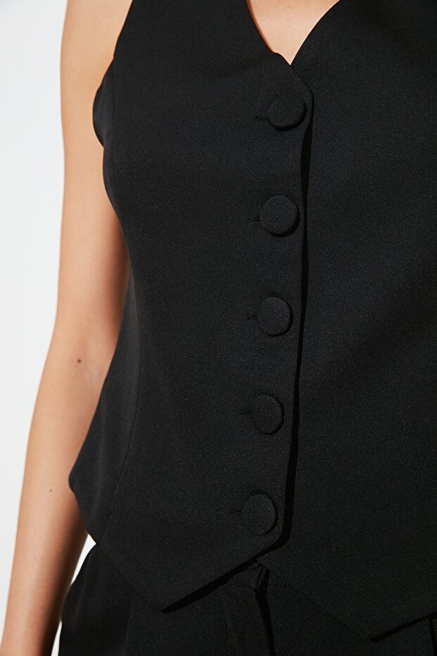 Black Fitted Buttoned Crop Woven Vest Twoss21Ye0009 - 8