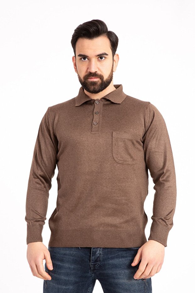 Men's Brown Thin Wool Knitwear Knitted Polo Collar Dad Sweater