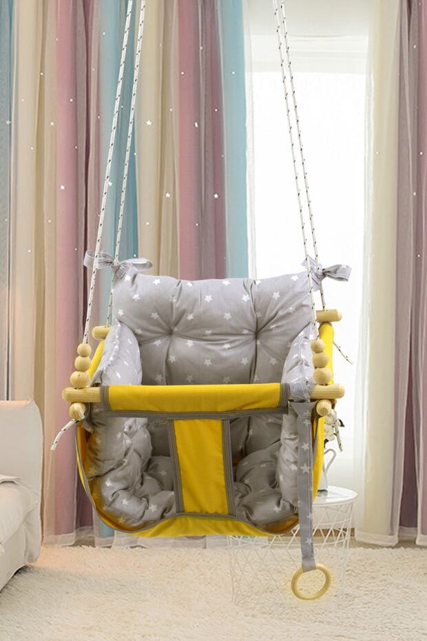 Wag Swing Sarı Çocuk Ahşap Bebek Hamak Ev Tavan Bahçe Salıncağı - 2