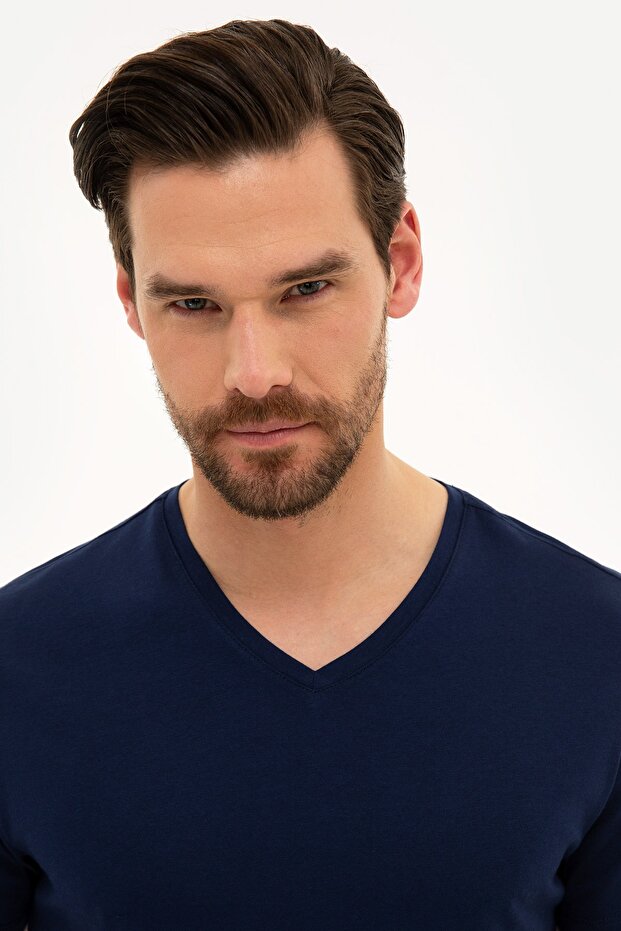 V-Neck Navy Blue Slim Fit Basic T-Shirt