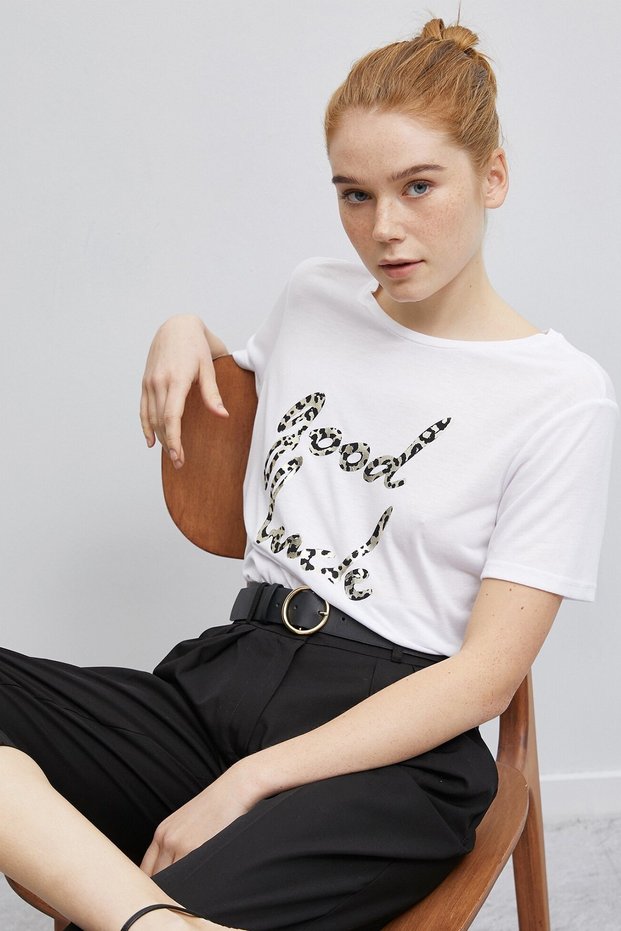 Women's Slogan Printed Ecru T-Shirt