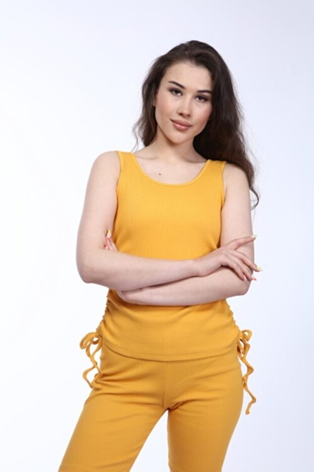 Women's Mustard Gather Detailed Ribbed Camisole Knitted Undershirt