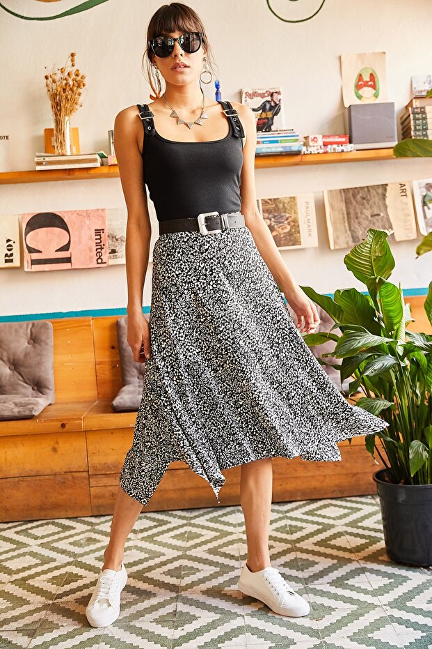Women's Black Floral Asymmetrical Patterned Skirt ETK-19000122