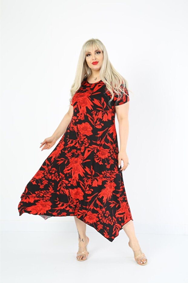 Plus Size Women's Relaxed Cut Patterned Short Sleeve Asymmetrical Viscose Combed Cotton Dress