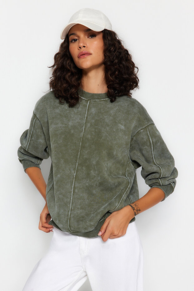 Khaki Antique/Pale Effect Thick Inside Fleece Regular/Normal Fit Knitted Sweatshirt TWOAW24SW00270