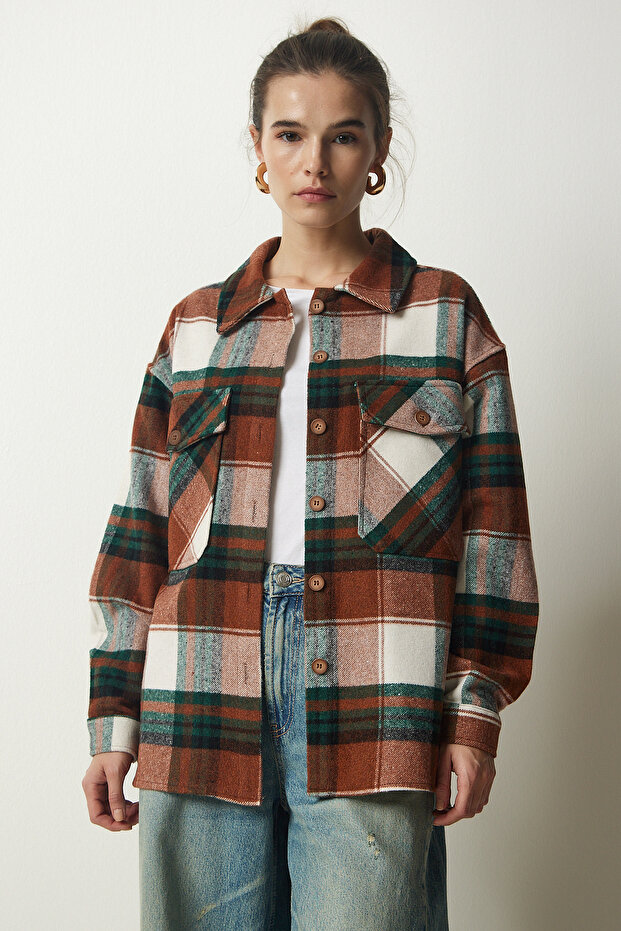 Women's Brown Green Plaid Melton Shirt Jacket DD01275