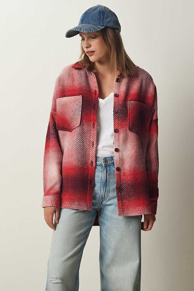Women's Red Lumberjack Oversize Stamp Shirt Jacket TU00035