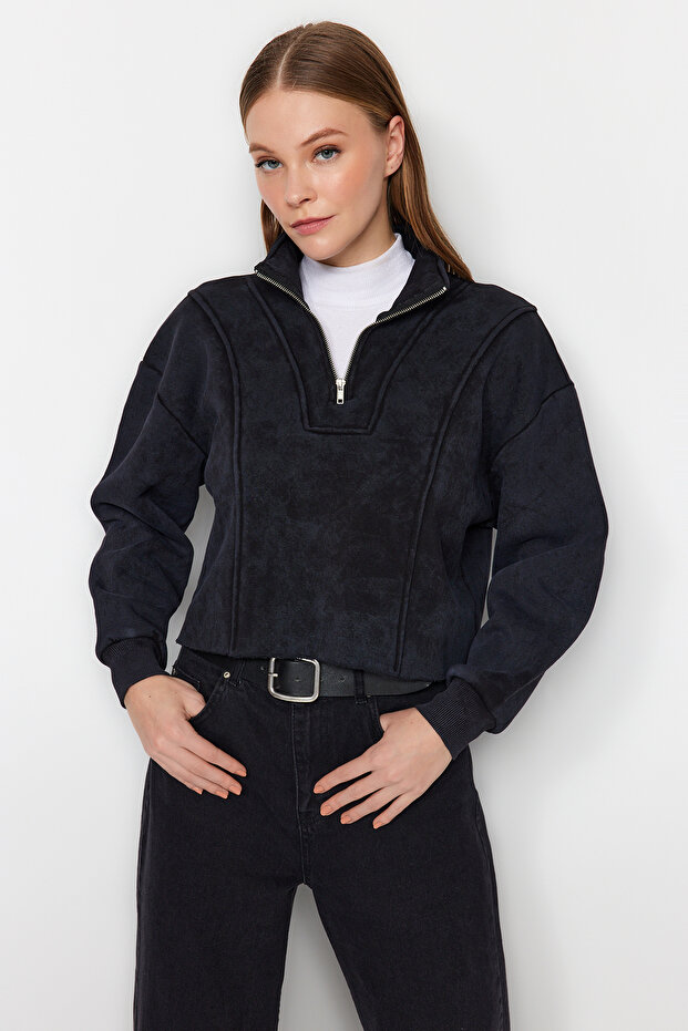 Antrasit Eskitme/Soluk Efektli Rahat Kesim Crop Kalın İçi Polarlı Örme Sweatshirt TWOAW24SW00243 - 3
