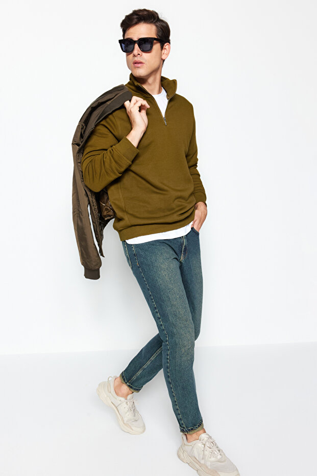Yeşil Regular/Normal Kesim Dik Yaka Fermuarlı Pamuklu Basic İçi Polarlı Sweatshirt TMNAW24SW00041 - 2