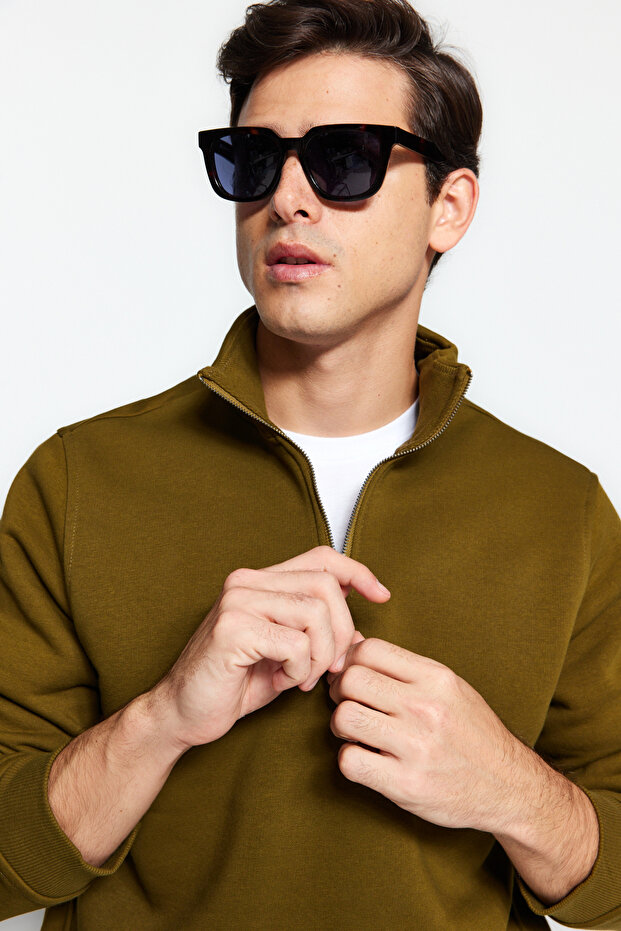 Yeşil Regular/Normal Kesim Dik Yaka Fermuarlı Pamuklu Basic İçi Polarlı Sweatshirt TMNAW24SW00041 - 3