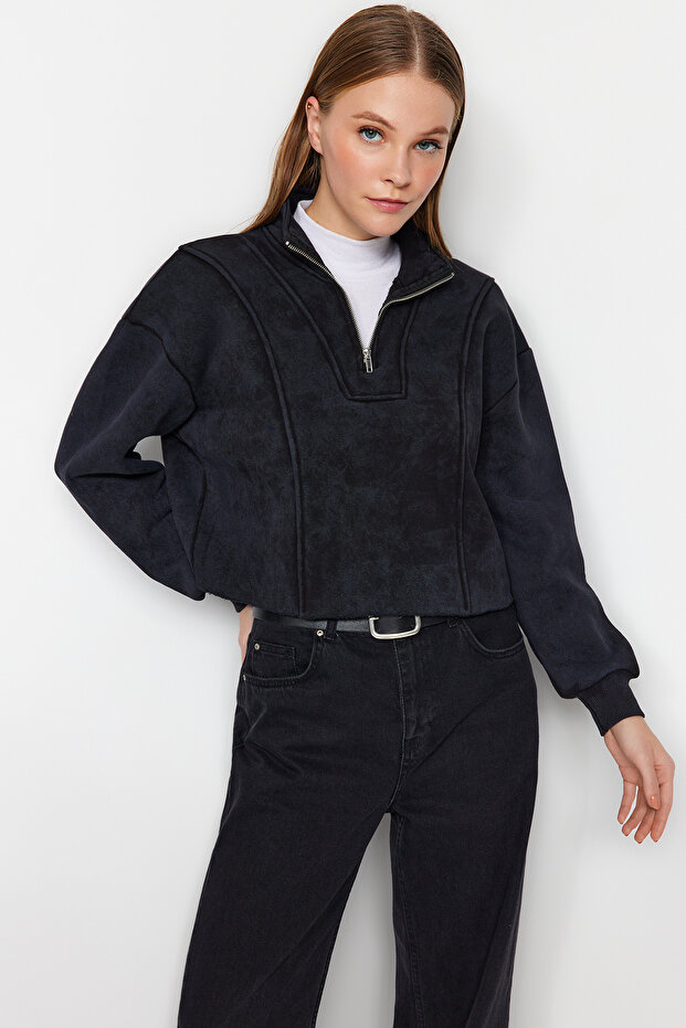 Antrasit Eskitme/Soluk Efektli Rahat Kesim Crop Kalın İçi Polarlı Örme Sweatshirt TWOAW24SW00243 - 1