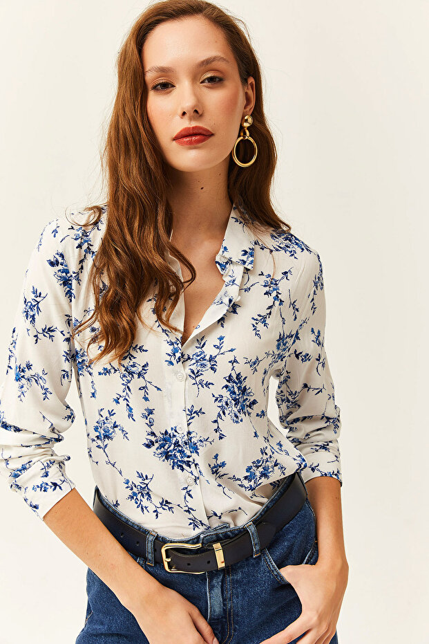 Women's White Blue Floral Patterned Woven Viscose Shirt GML-19001162