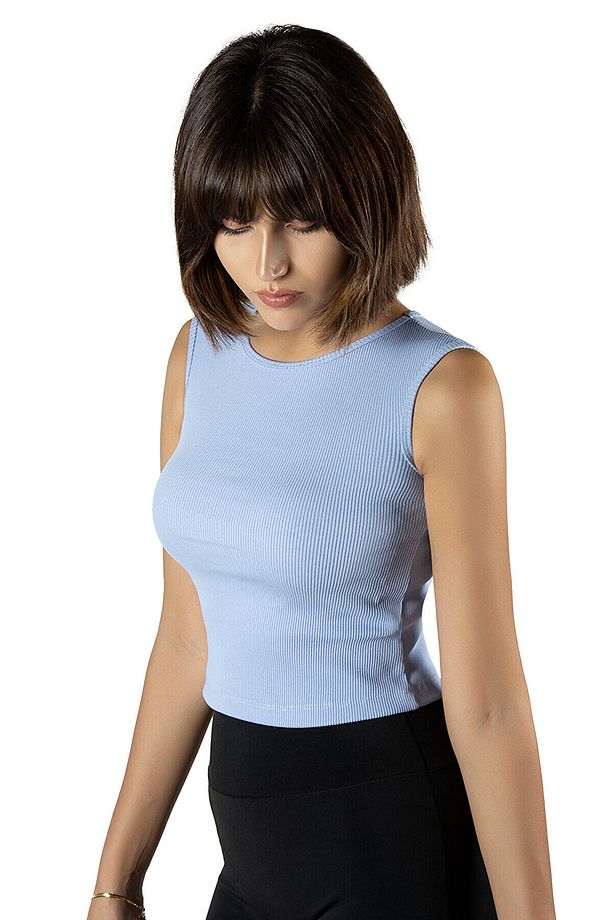 Mavi Fitted/Vücuda Oturan Crop Halter Yaka Fitilli Esnek Örme Bluz Atlet - 2