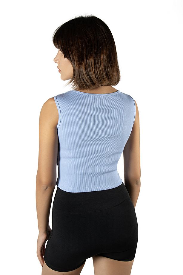 2'li Paket Mavi Krem Fitted/Vücuda Oturan Crop Halter Yaka Fitilli Esnek Örme Bluz Atlet - 4