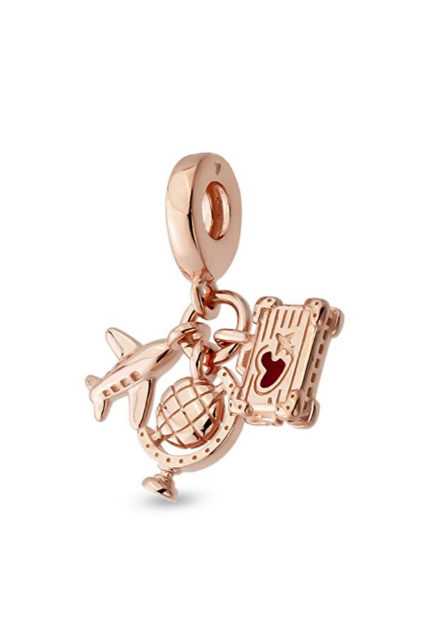 Uçak,dünya Küresi Ve Bavul Rose Sallantılı Gümüş Charm - 1