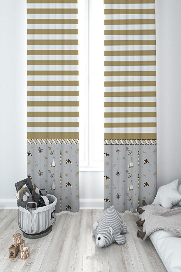 BABY AND KIDS ROOM Brown Sailor Patterned 2 Wings Background Curtain