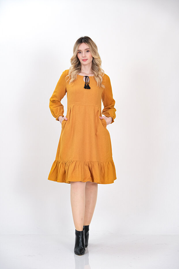Plain Flannel Elastic Sleeve Ruffled Skirt Winter Mustard Yellow Dress