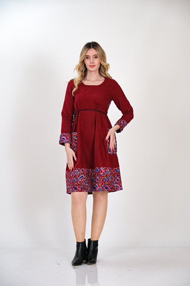 Düz Pazen 'den Tek Parça Kışlık Patchwork Elbise - 1