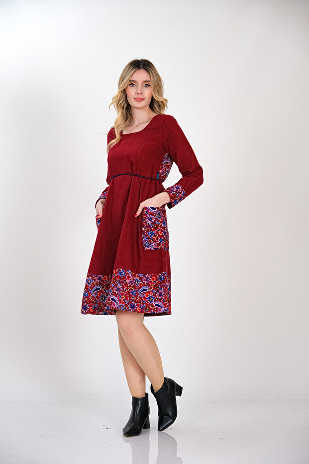 Düz Pazen 'den Tek Parça Kışlık Patchwork Elbise - 2