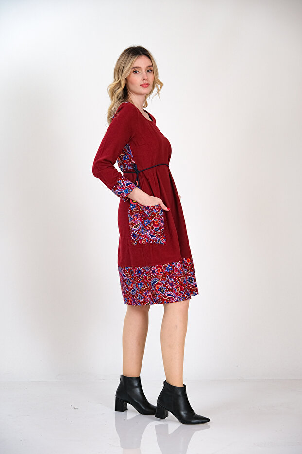 Düz Pazen 'den Tek Parça Kışlık Patchwork Elbise - 3