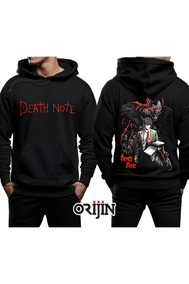 سويت شيرت بقلنسوة أسود مطبوع عليه صورة Death Note Shinigami Yagami Light من الأمام والخلف