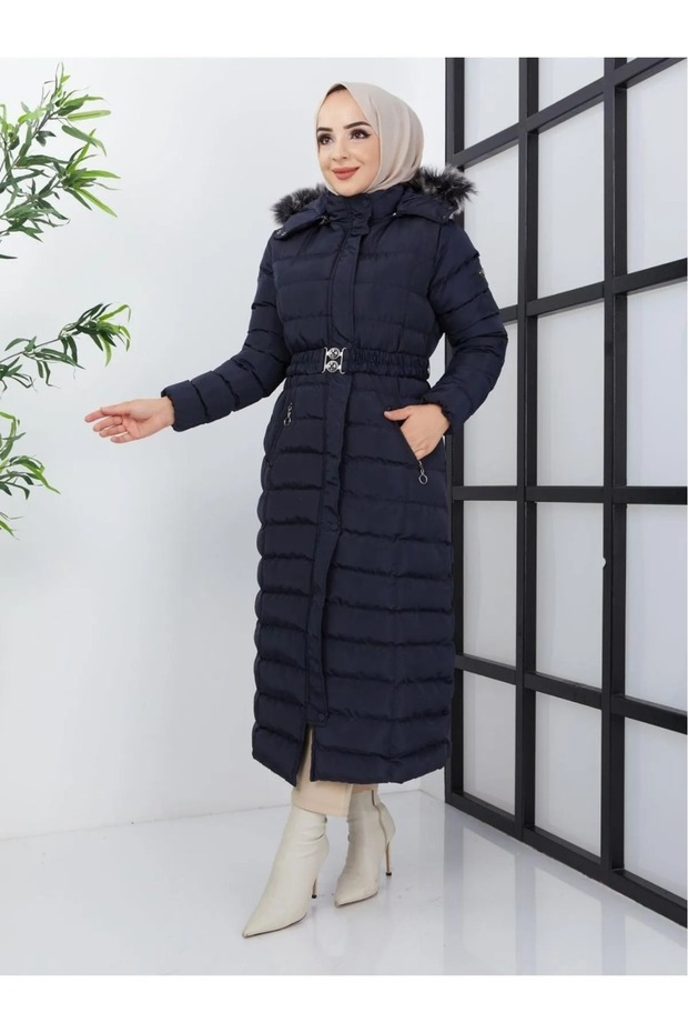Women's Full Length Long Dense Fiber Hooded Fur Hijab Puffer Coat