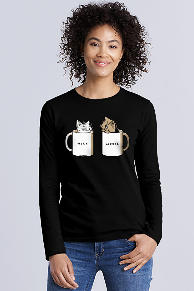 Milky Plain Black Crew Neck Long Sleeve Combed Cotton Women's T-shirt