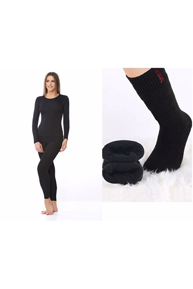 Women's Black Thermal Anti-Sweat Underwear Top and Bottom Set with Thermal Socks Gift