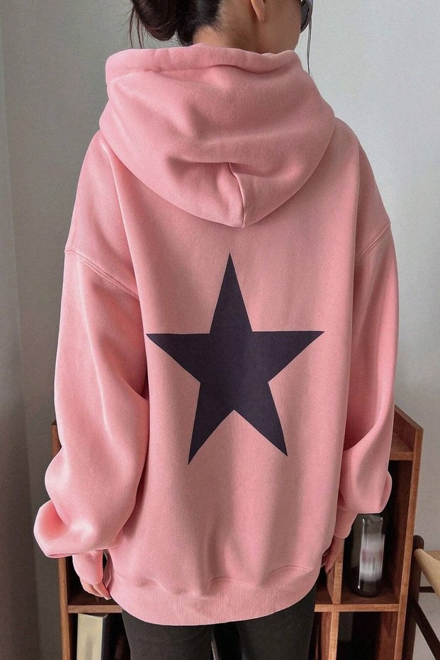 Women's Pink Courageous Star Printed Hooded Hoodie Sweatshirt