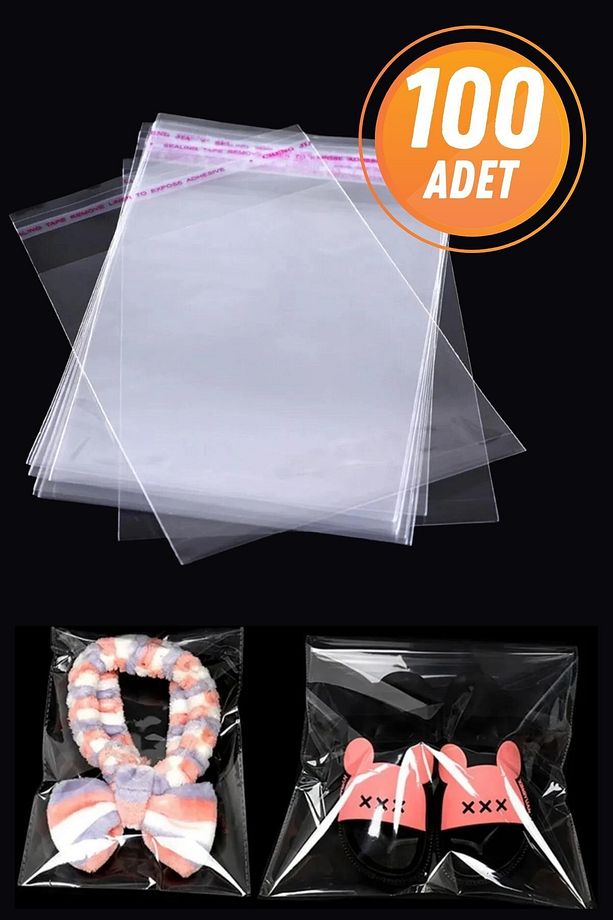 20x30cm Şeffaf Bantlı Yapışkanlı Parlak Jelatin Poşet 100 Adet - 1