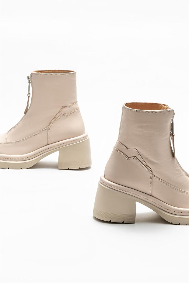 Ekru Deri Kadın Topuklu Bot - 4