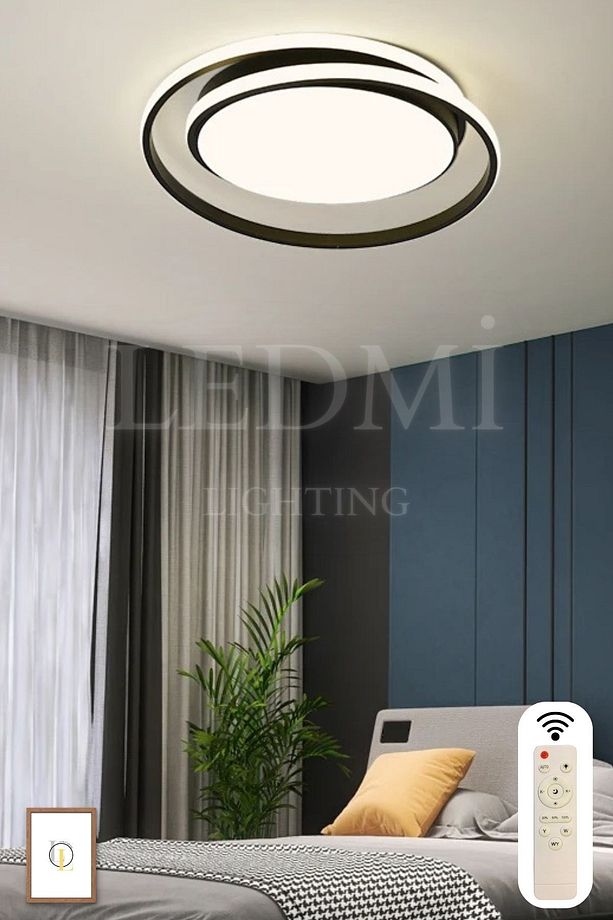 Yuvarlak Tavan Avizesi, 3 Renk Aydınlatmalı, Kumandalı Led Avize,Modern Avize,Spor Avize,Siyah Avize - 1