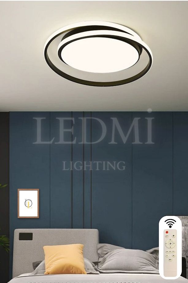Yuvarlak Tavan Avizesi, 3 Renk Aydınlatmalı, Kumandalı Led Avize,Modern Avize,Spor Avize,Siyah Avize - 2
