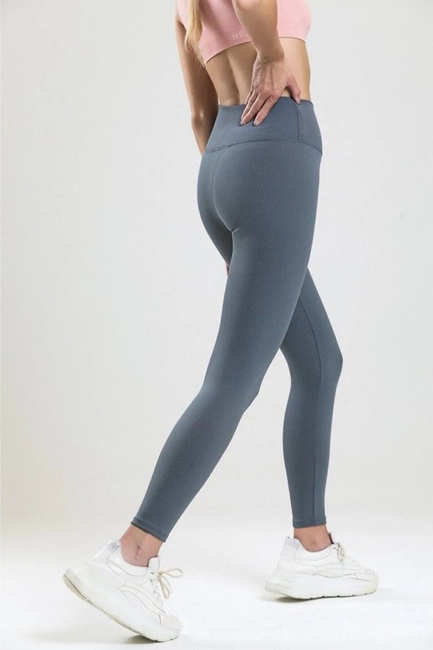 Women's Gray High Waist Winter Fleece Lined Ribbed Leggings