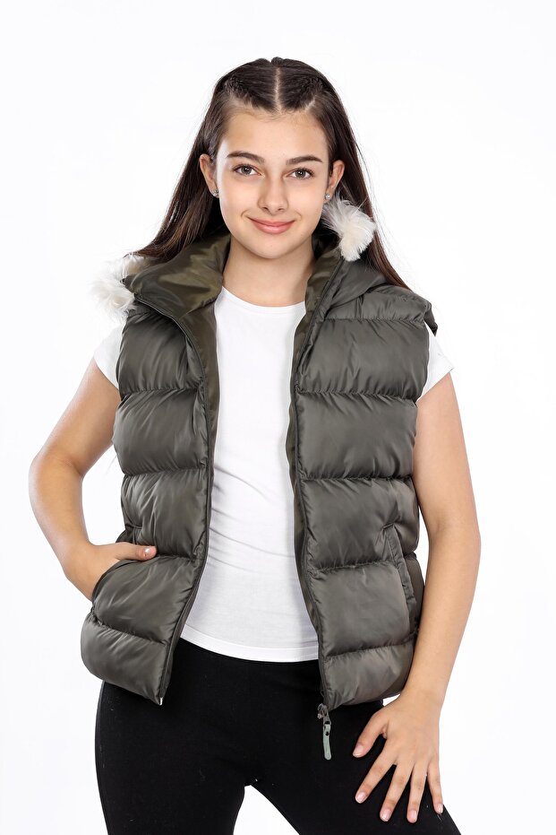 Girl's Hooded Thick Waterproof Khaki Puffer Vest 13-16 Years