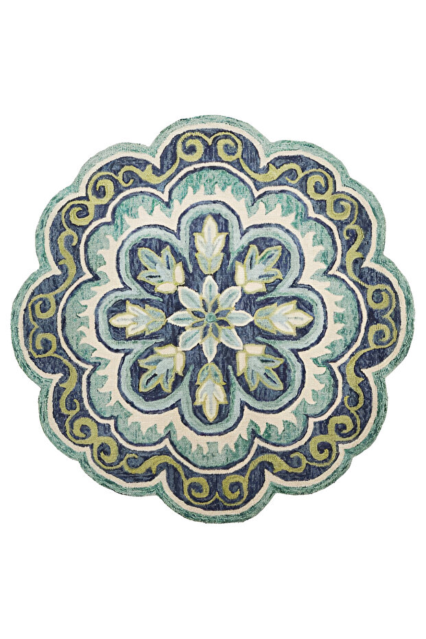 Blue Tone Traditional Motif Floral Patterned Woven Base Round Decorative Carpet 2095
