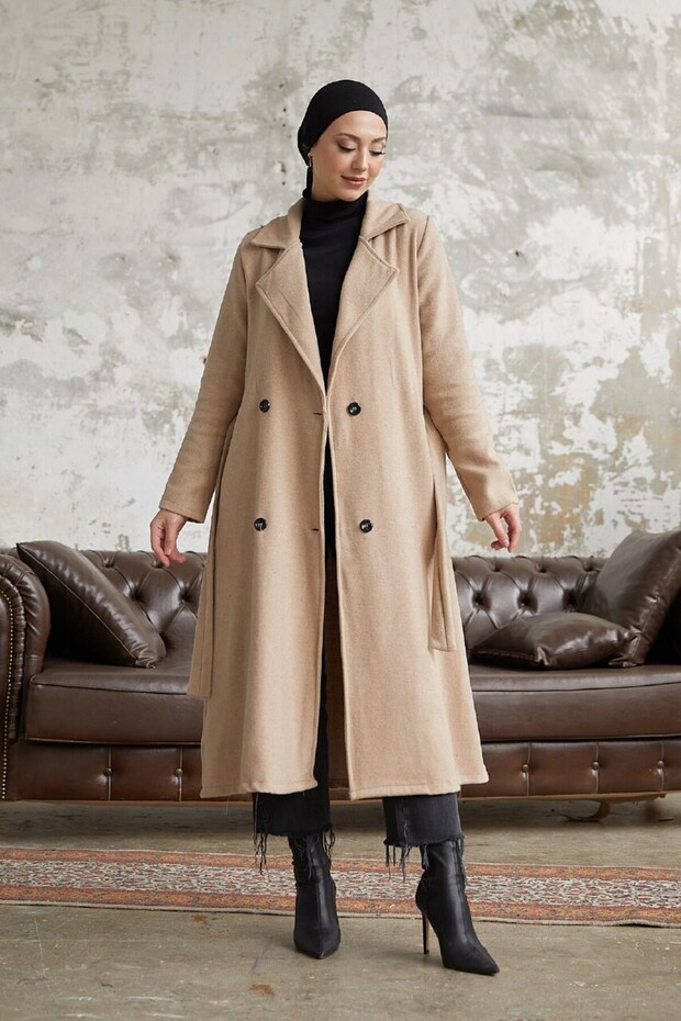 4-Button Hijab Coat Beige - 4