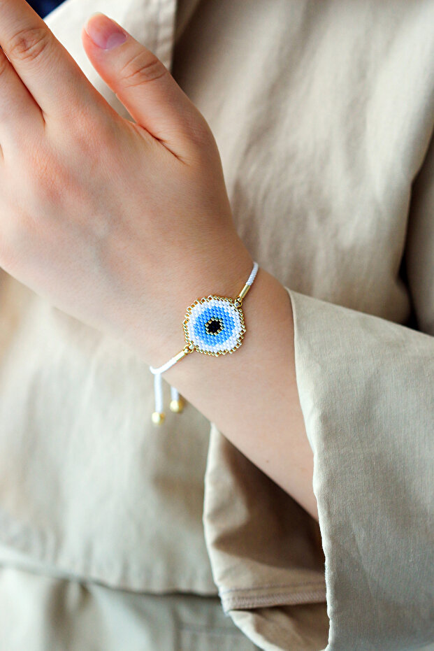 Ka-007 Miyuki Evil Eye Beaded Bracelet - Handmade - White