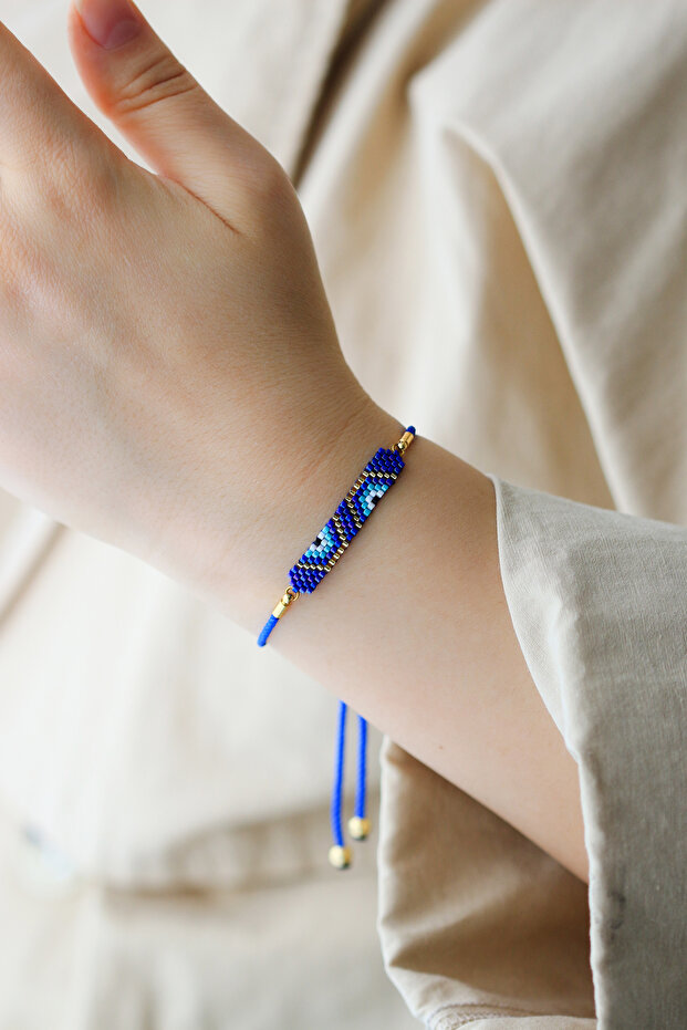 Ka-006 Miyuki Half Evil Eye Beaded Bracelet - Handmade - Navy Blue