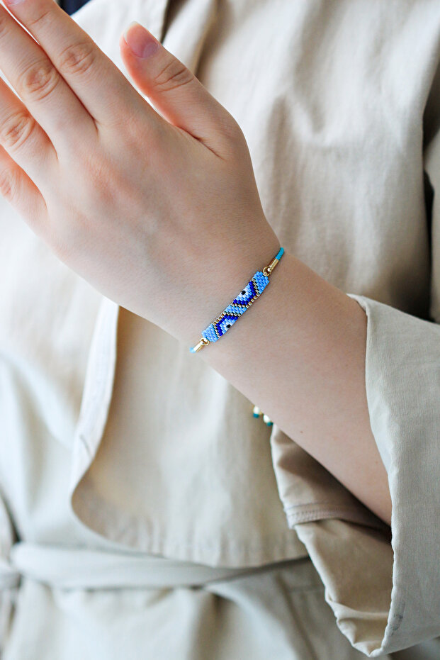 Ka-006 Miyuki Half Evil Eye Beaded Bracelet - Handmade - Turquoise