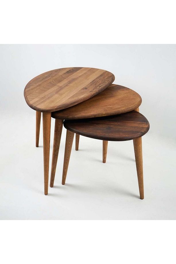 Ercol Style Masif Gerçek Ceviz Ağacı Zigon Orta Sehpa Takımı, Oturma Odası Mobilya, Zigon 3^lü Set - 1