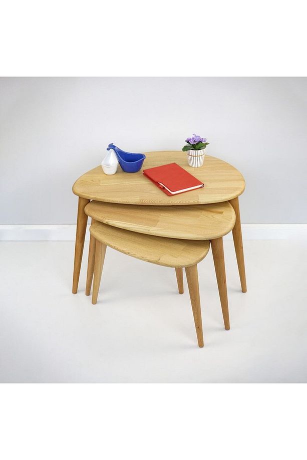 Ercol Style Masif Gerçek Kestane Ağacı Zigon Orta Sehpa Takımı, Oturma Odası Mobilya, Zigon 3^lü Set - 3