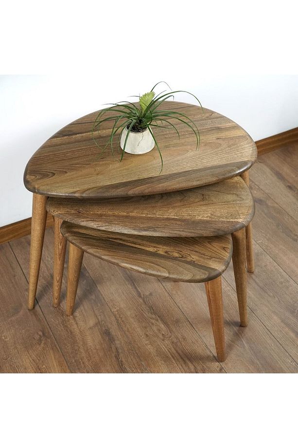 Ercol Style Masif Gerçek Ceviz Ağacı Zigon Orta Sehpa Takımı, Oturma Odası Mobilya, Zigon 3^lü Set - 3